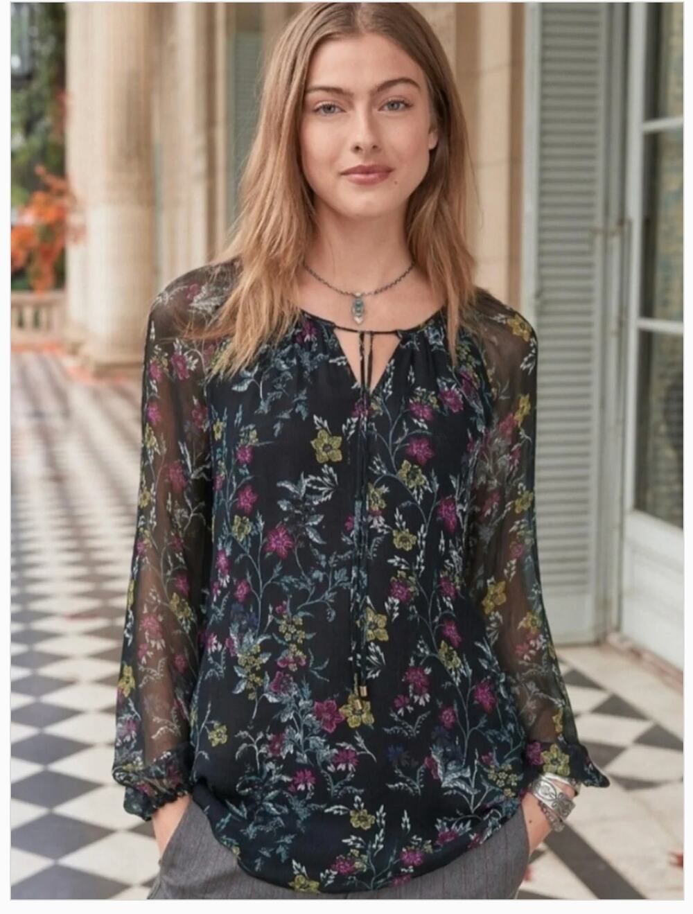 Sundance Acantha Floral Sheer Top Long Sleeve Blouse Black Size S